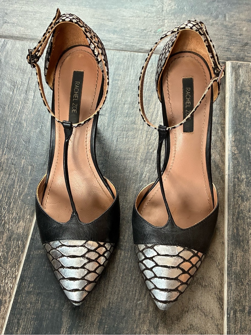 Rachel Zoe Black and Silver Snakeskin Pointed T-Strap Pumps